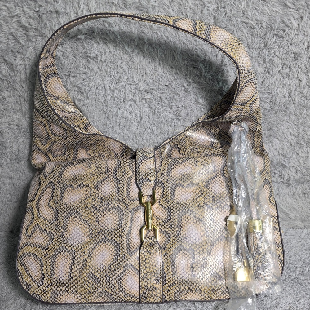 G.I.L.I. Hobo Shoulder Bag Leather Snakeskin Python Print Gold Piston Lock‎ NEW